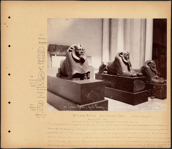 Mariette's 1863 photo of three black granite sphinxes with notes