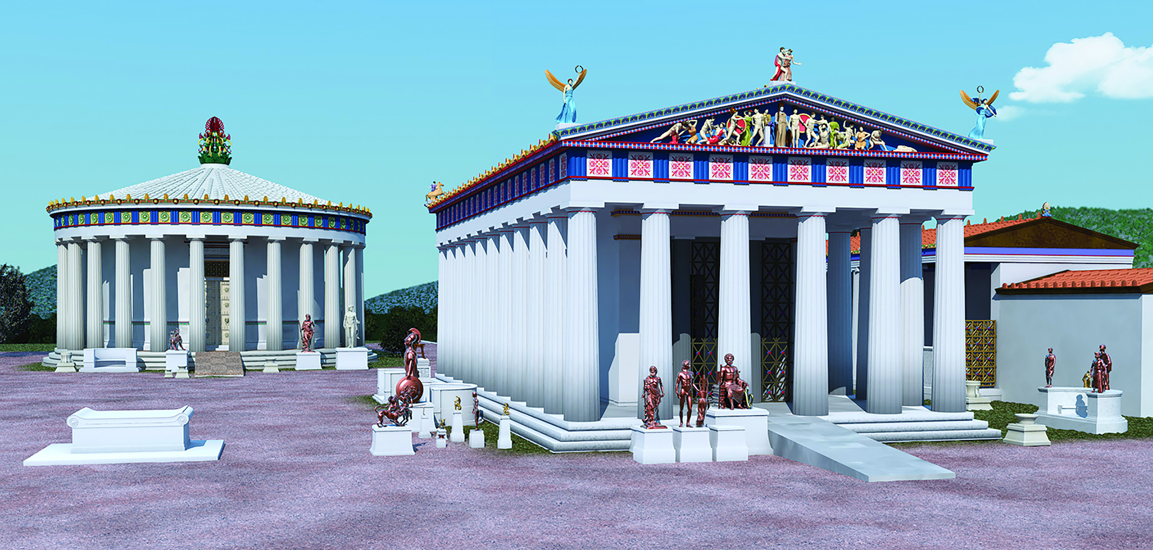 Reconstruction of the fourth-century BCE Temple of Asklepios at Epidauros (right), showing the ramp extending out of the front/east side (© 2019 J. Goodinson; scientific advisor J. Svolos). 