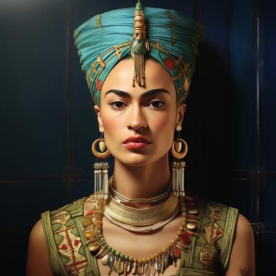 Nefertiti painted by Frida Kahlo. Image Credit: MidJourney and K. Kris Hirst