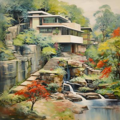 What if Maurice Utrillo had visited Frank Lloyd Wright's Fallingwater? Image Credit: MidJourney and K. Kris Hirst