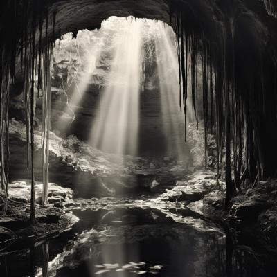 An imagined Ansel Adams photograph of a Maya Cenote. Image Credit: MidJourney and K. Kris Hirst