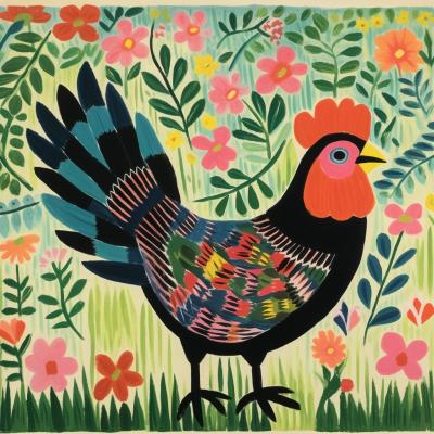 Maud Lewis paints the ancestor of all modern chickens, the Wild Jungle Fowl. Image Credit: MidJourney and K. Kris Hirst