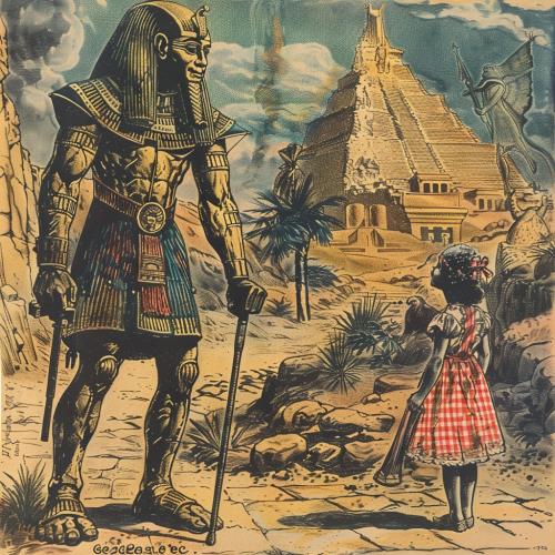 Dorothy Gale visits Ramses II in the style of WW Denslow. Image Credit: MidJourney and K. Kris Hirst