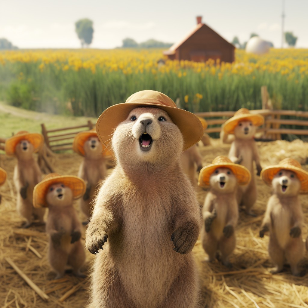 Several prairie dogs wearing straw hats stand in a farmyard singing happy birthday to Allen Hirst.