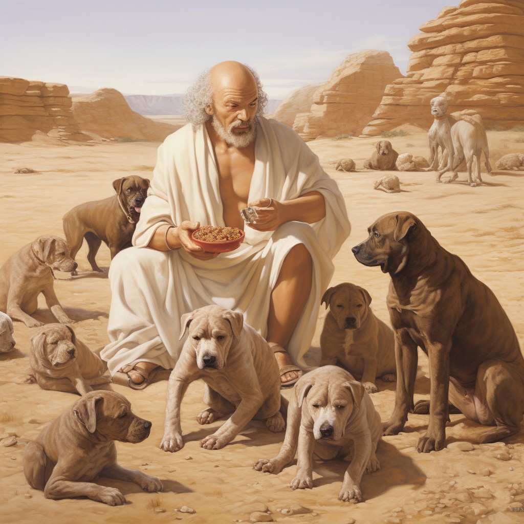 An ancient philosopher sits in a desert surrounded by pit bulls and holding food for them.