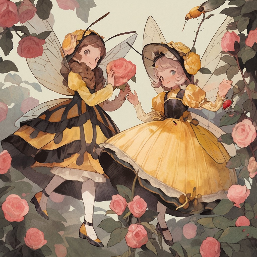 Nora the Bee said to her sister June the Butterfly, that she has much too much to do to stand still for a silly portrait. June the Butterfly replied 'We got this!' and they smiled for their artist. Happy Birthday to the talented and lovely Roger twins! Image Credit: K. Kris Hirst and MidJourney