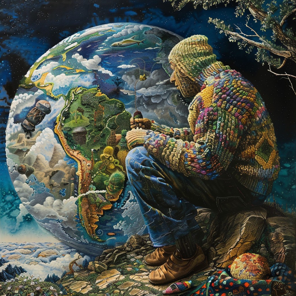 The knitter looks upon their work and is not quite satisfied. Happy Birthday, Amy Hirst!  Image Credit: K. Kris Hirst and MidJourney