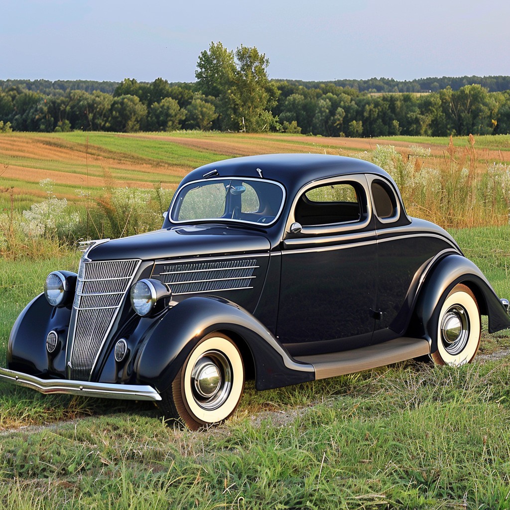 A better look at the 1936 Ford five-window hardtop coupe with a rumble seat. Happy birthday, dear old fellow!  Image Credit: K. Kris Hirst via MidJourney.