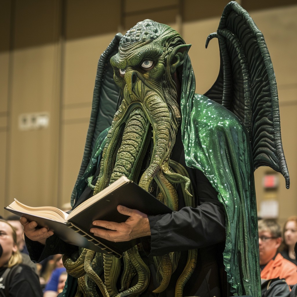 Nibling Matt Hirst gives a paper at WorldCon on the Tao of H. P. Lovecraft. Happy birthday, dear fellow! Image Credit: K. Kris Hirst via MidJourney.