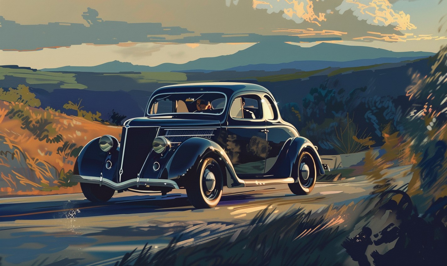 Allen and Eva out for a drive in the 1936 Ford coupe with a rumble seat. Happy birthday, dear old fellow!  Image Credit: K. Kris Hirst via MidJourney.