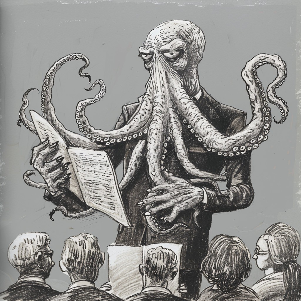 This drawing, a page from an early graphic novel illustrating WorldCons of the early 20th century, shows our costumed nibling Matt Hirst giving a paper on the Tao of H. P. Lovecraft. Happy birthday, dear fellow! Image Credit: K. Kris Hirst via MidJourney.