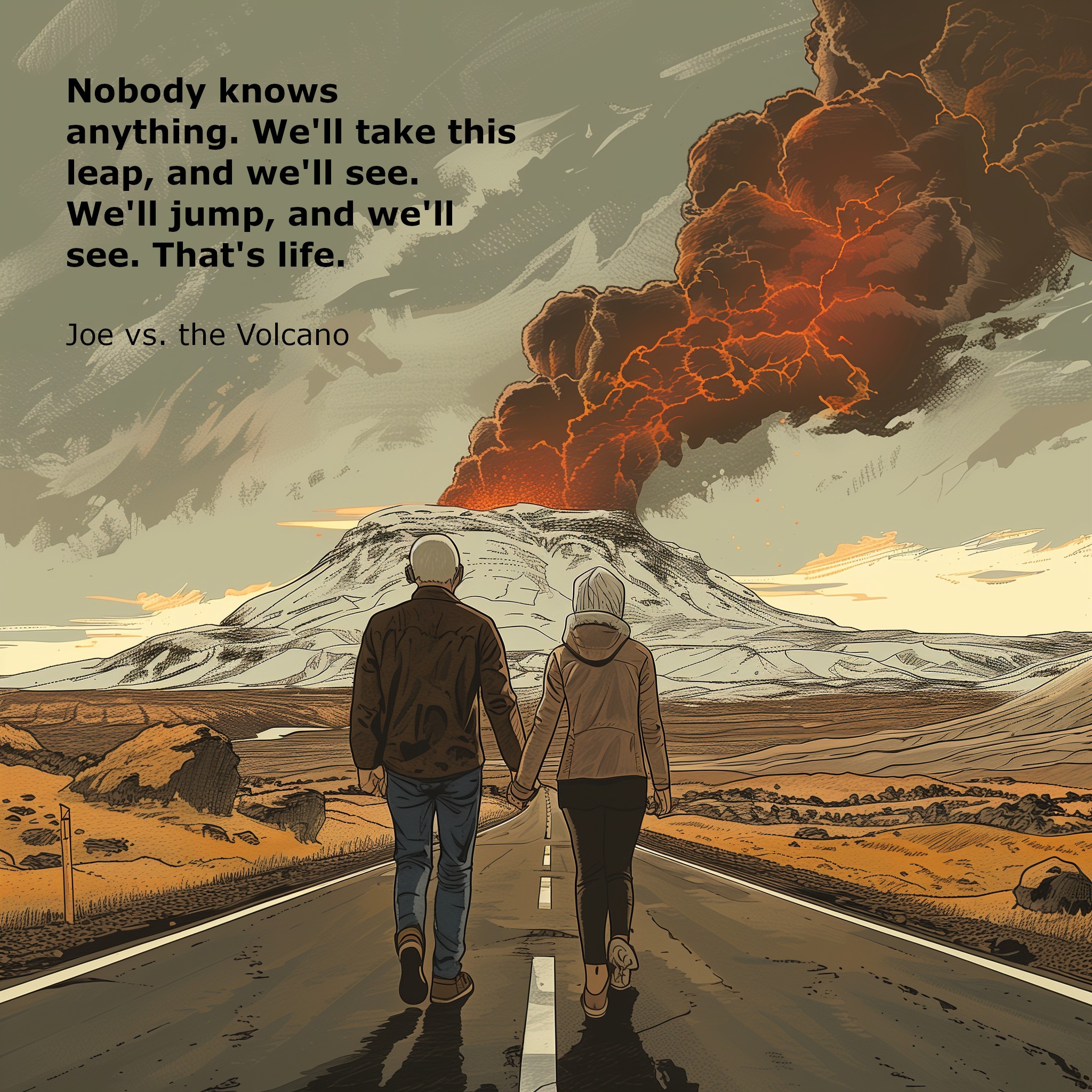 A perfect image of Steve and Kristin, headed into the volcano of life for Kristin's birthday. Image Credit: K. Kris Hirst via MidJourney.