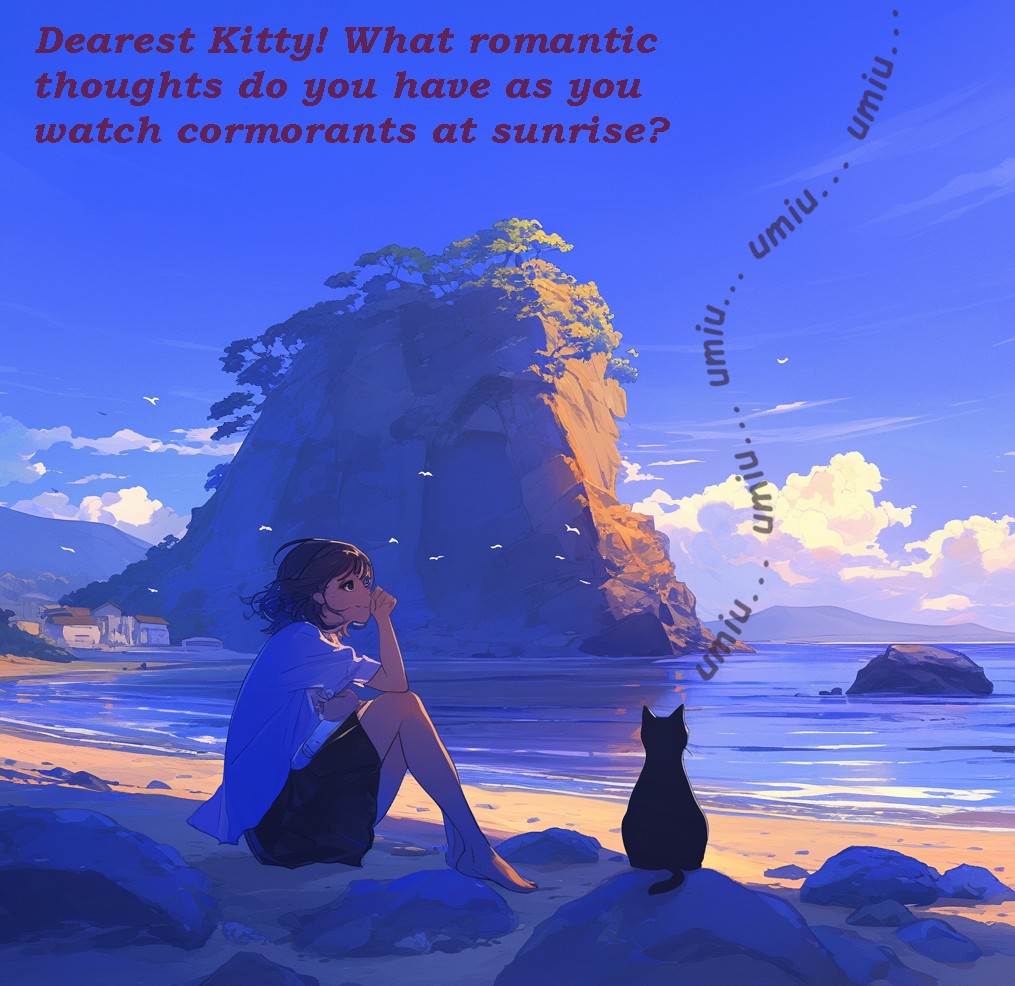 Kitty and friend at Ibaraki Beach. Happy Birthday, Amy Hirst!  Image Credit: MidJourney, Gimp, and K. Kris Hirst