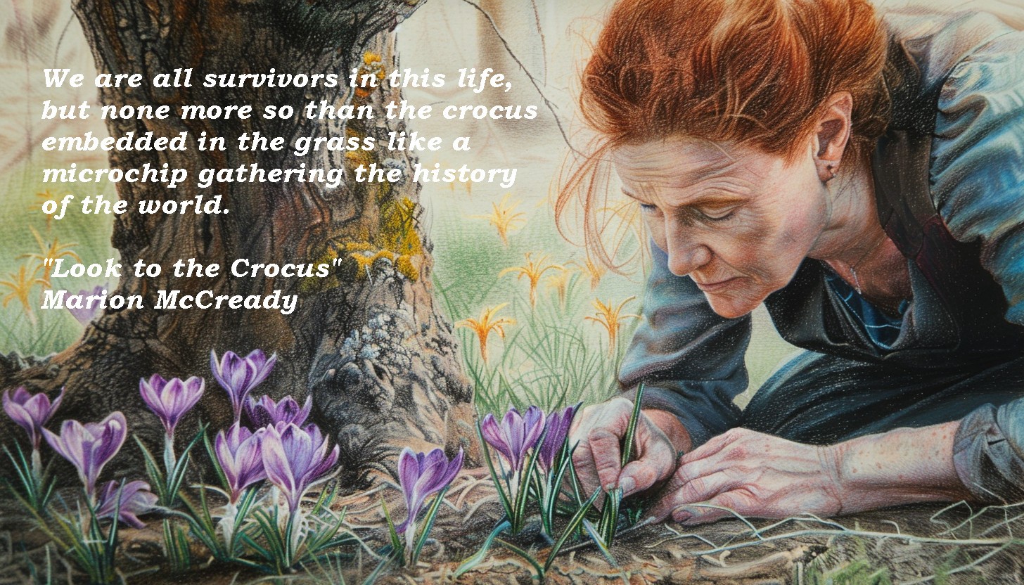 Early greetings from crocuses. Happy Birthday, Marcia Hirst! Image Credit: K. Kris Hirst, Gimp, and MidJourney