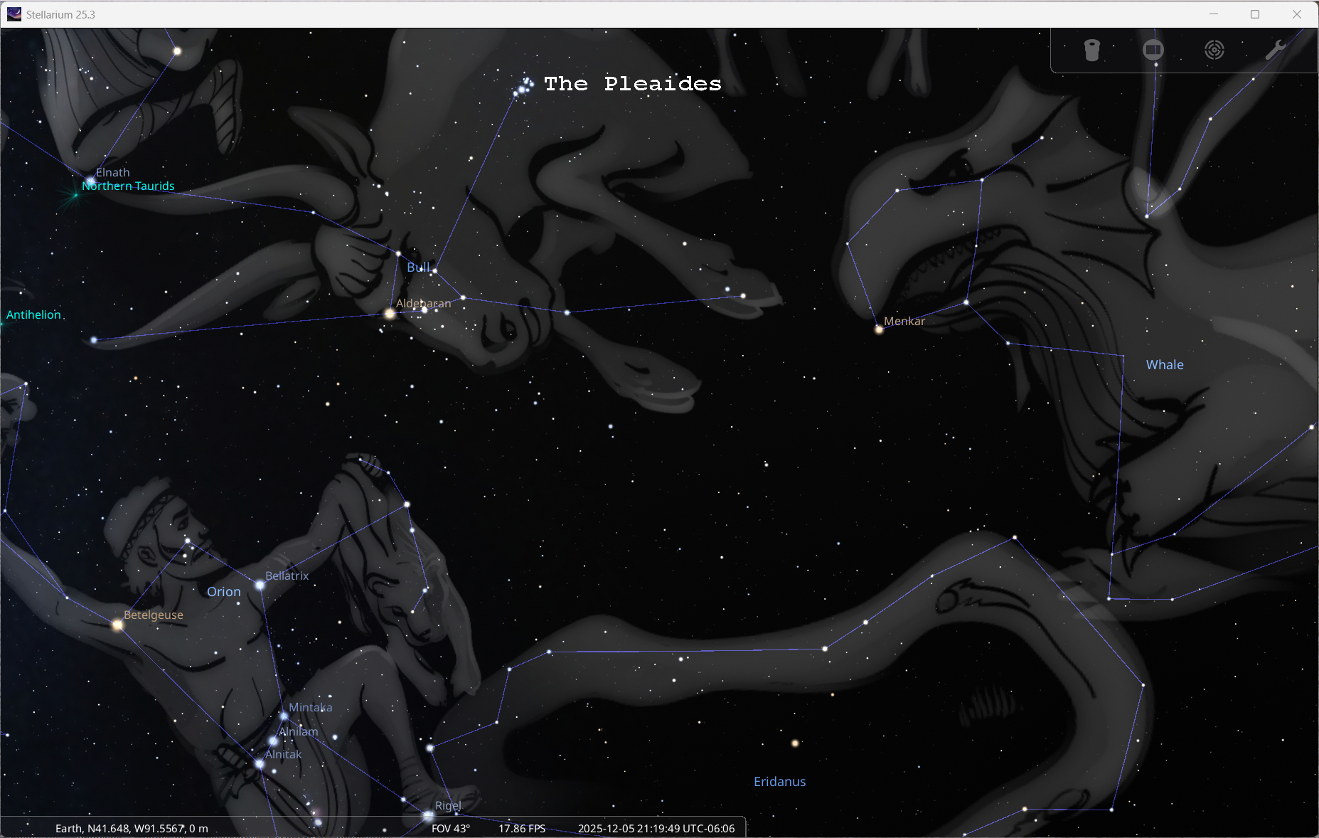 Finding the Pleaides. Image credit: Stellarium