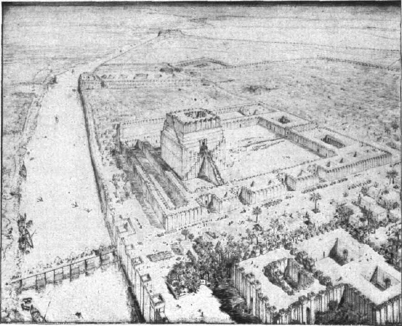 Artist's conception of the Marduk temple of Esagila at Babylon, where Berossus is thought to have worked for Antioch. Esagila is in the foreground; the ziggurat in the middle is the Etemenanki. The drawing was made for archaeologist Robert Koldeway's archaeological report on Babylon in 1914. Public Domain