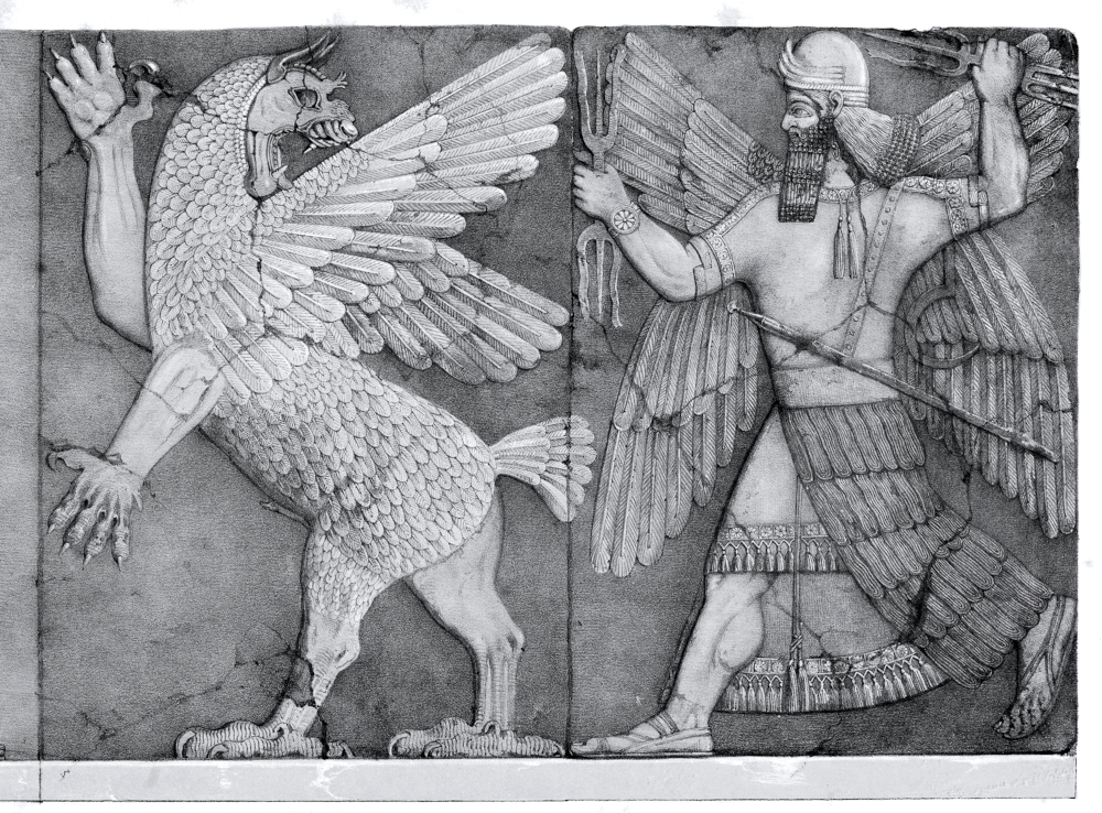 Relief of Mesopotamian god Ninurta battling the gryphon-like Anzu with thunderbolts; and some scholars suggest it illustrates the battle of Marduk and the sea monster Tiamat. Reported by A.H. Layard at his excavations at Nimrud. The battle occurs in the Babylonian creation myth Enūma Eliš, and it is one of the tales told in the Babyloniaca. Layard 1853, Vol. 2, Plate 5. Public domain