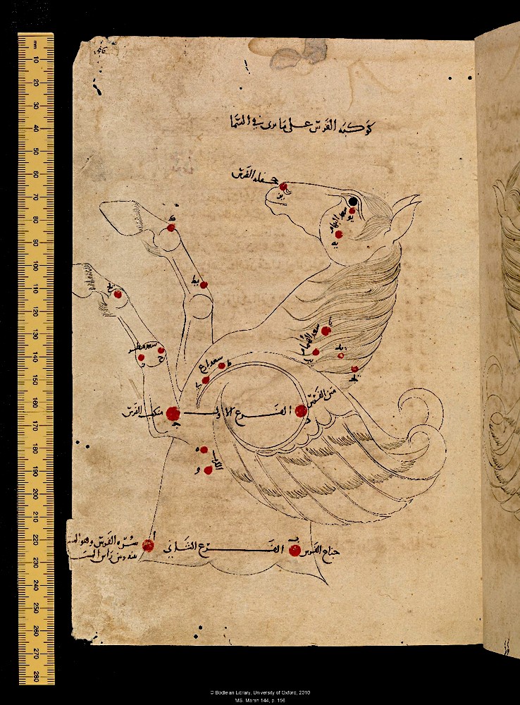 A drawing of the constellation of Pegasus from Al-Sufi's Book of the Fixed Stars, a revision of Ptolemy's Almagest with Arabic star names, statistics, and drawings of the constellations published in 964. Al-Nadim called Al-Sufi 'The best of the astronomers,' and listed this book in Chapter 7 of al-Fihrist. This copy was made 1009-1010 CE and it resides in the Bodleian Library at Oxford. CC BY- 4.0