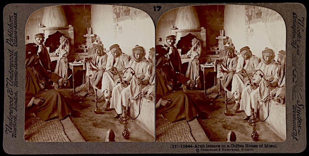 Stereo pair of men smoking water pipes in a coffee house in 1914, Mosel, Iraq. Image credit: U.S. Library of Congress. Public domain